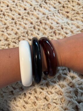 Trio of Chunky  Bangle Bracelets - White, Black, Tortoiseshell